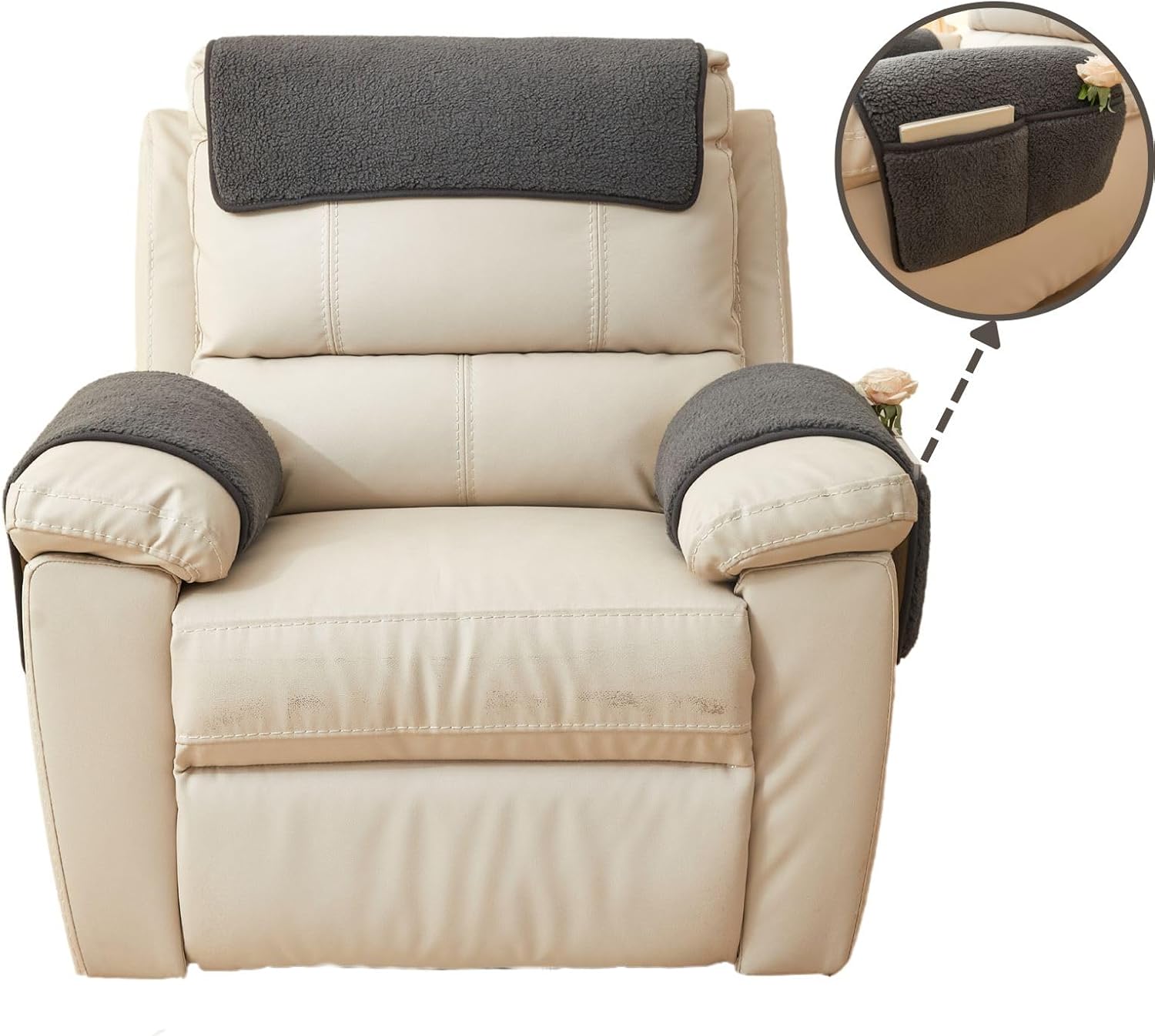 vctops 3 Pieces Sherpa Fleece Sofa Armrest Cover for Recliner Chair with Storage Pockets Non Slip Headrest Cover Fuzzy Couch Cover for Dogs Washable Furniture Protector (Cream, 1 Seat) - Image 3